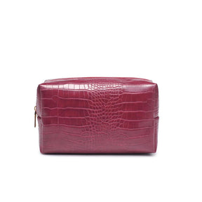Red crocodile-textured leather pouch on a white background