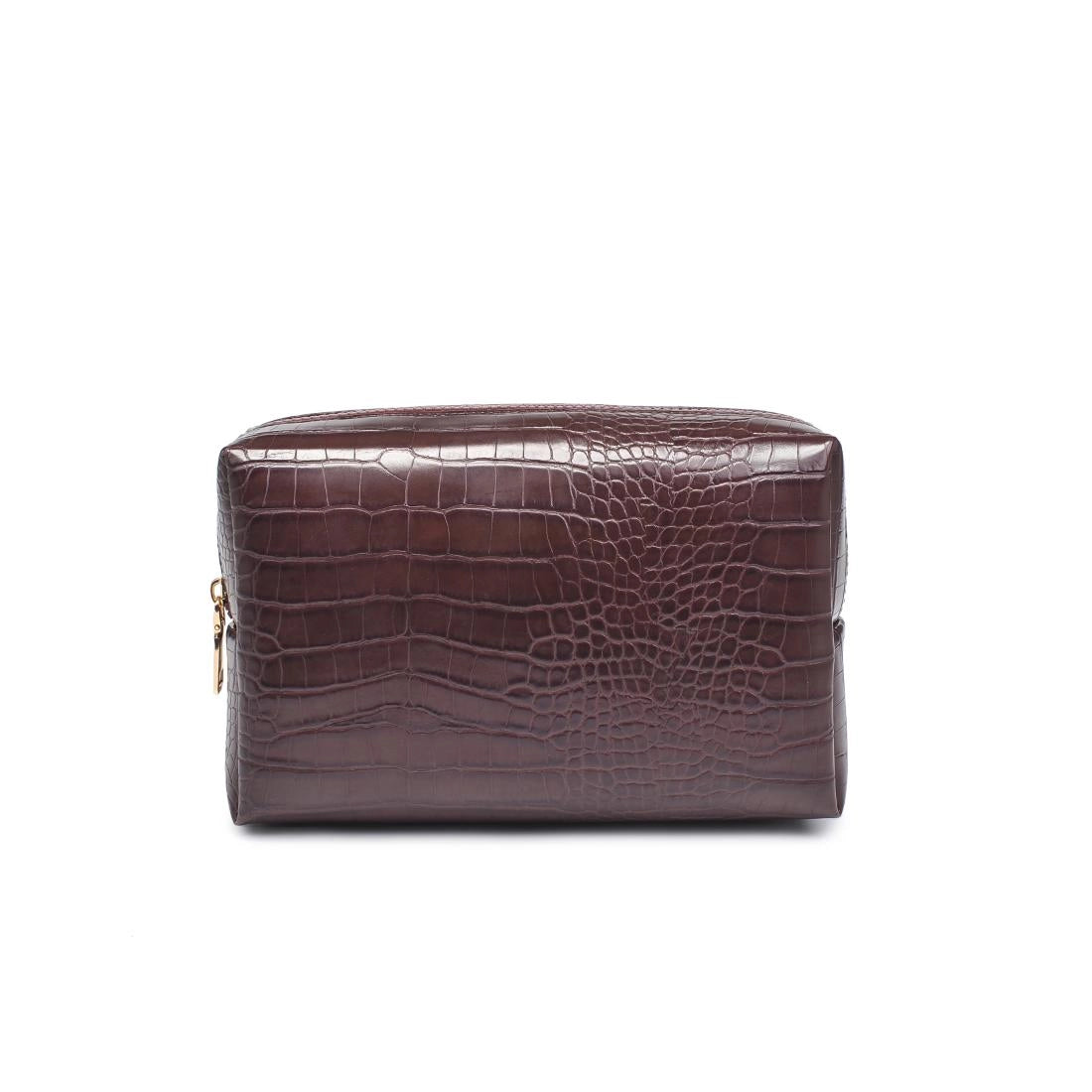 Brown crocodile-patterned leather clutch bag on a white background