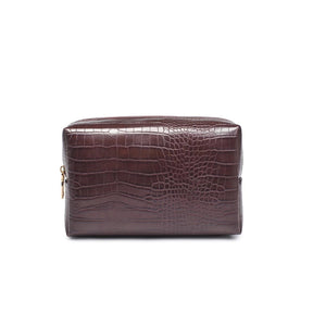 Brown crocodile-patterned leather clutch bag on a white background