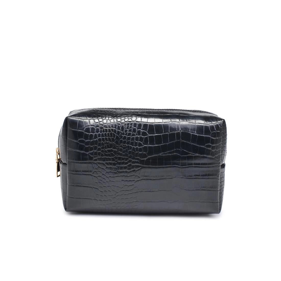 Black crocodile-patterned leather clutch bag on a white background